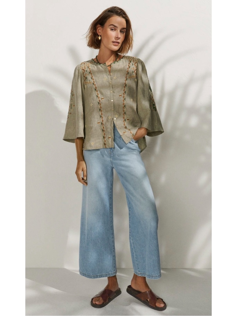 Wrap London Embroidered 100% Linen Blouse - Size 12